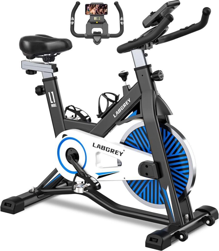 LABGREY Exercise Bike, Fitness Bike for Home, Indoor Cardio Training, Bike with Heart Rate Monitor, LCD Display, iPad Holder, Seat  Resistance Adjustable, Up to 130 kg