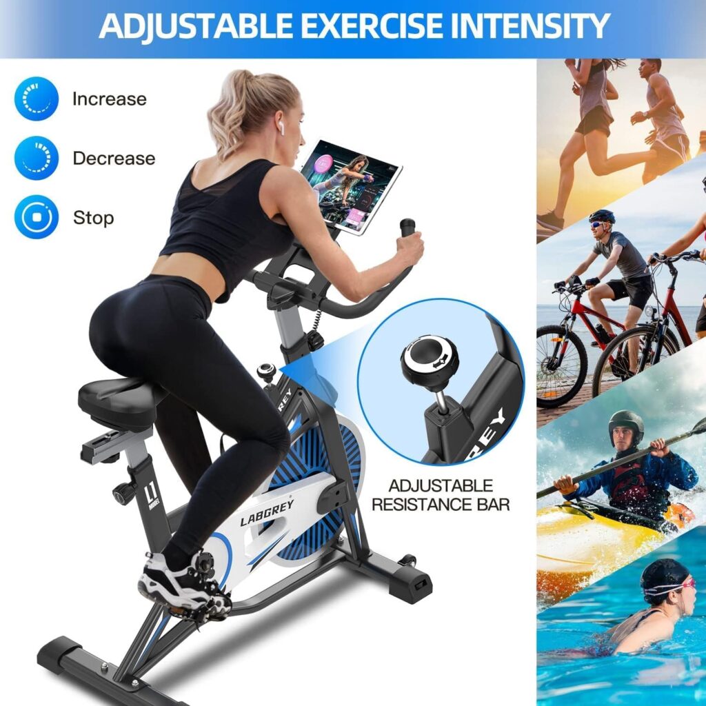 LABGREY Exercise Bike, Fitness Bike for Home, Indoor Cardio Training, Bike with Heart Rate Monitor, LCD Display, iPad Holder, Seat  Resistance Adjustable, Up to 130 kg