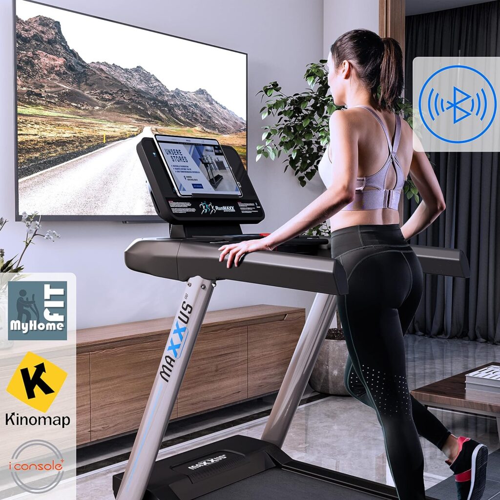 Maxxus RunMaxx 9.1 treadmill with app control, foldable tread, cushioning, 20 km/h, 3 hp, running surface 154 x 55 cm, silver