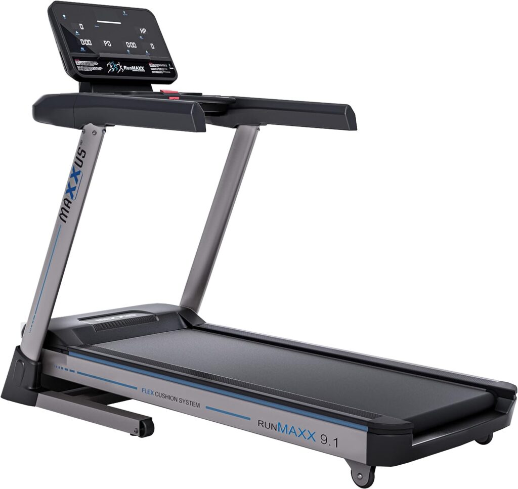 Maxxus RunMaxx 9.1 treadmill with app control, foldable tread, cushioning, 20 km/h, 3 hp, running surface 154 x 55 cm, silver