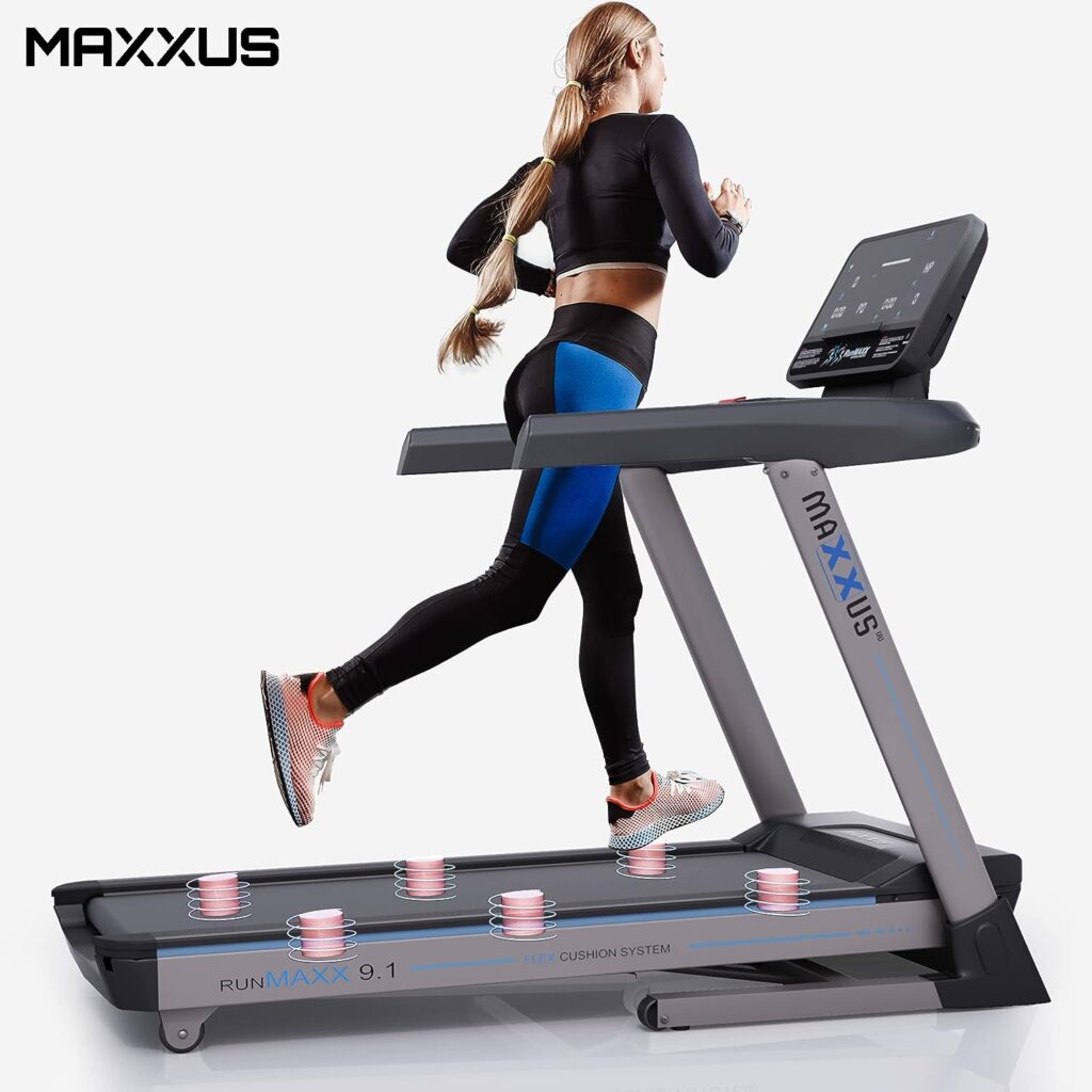 Maxxus RunMaxx 9.1 treadmill with app control, foldable tread, cushioning, 20 km/h, 3 hp, running surface 154 x 55 cm, silver