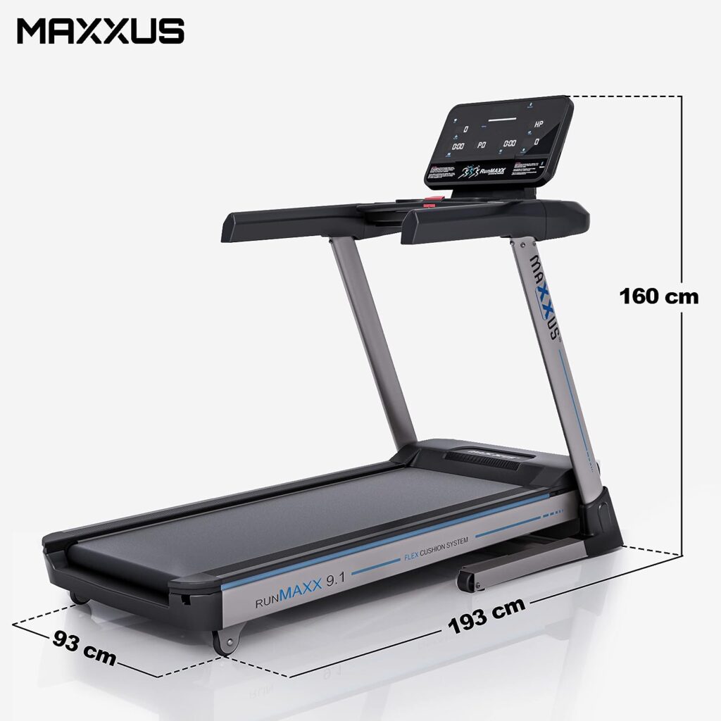 Maxxus RunMaxx 9.1 treadmill with app control, foldable tread, cushioning, 20 km/h, 3 hp, running surface 154 x 55 cm, silver