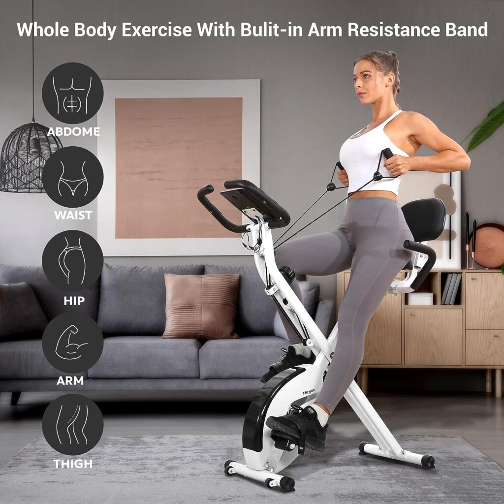 Micyox MX600 Heimtrainer Fahrrad Magnetisches Heimtrainer mit Rückenlehne Heimtrainer Fahrrad Klappbar mit LCD-Display und Herzfrequenzsensor Heimtrainer mit Widerstandsbändern