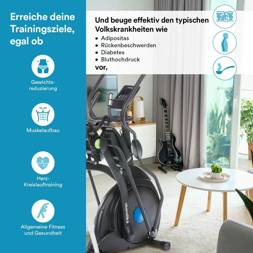 skandika cross trainer CardioCross Carbon Champ, 23.5 kg flywheel mass, low-maintenance braking system with magnetic technology, transport wheels, Bluetooth  tablet holder, pulse measurement, 19 programs.