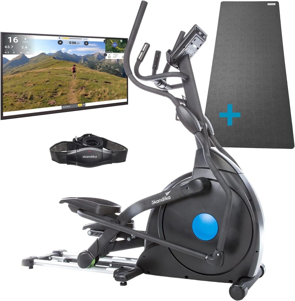skandika cross trainer CardioCross Carbon Champ, 23.5 kg flywheel mass, low-maintenance braking system with magnetic technology, transport wheels, Bluetooth  tablet holder, pulse measurement, 19 programs.
