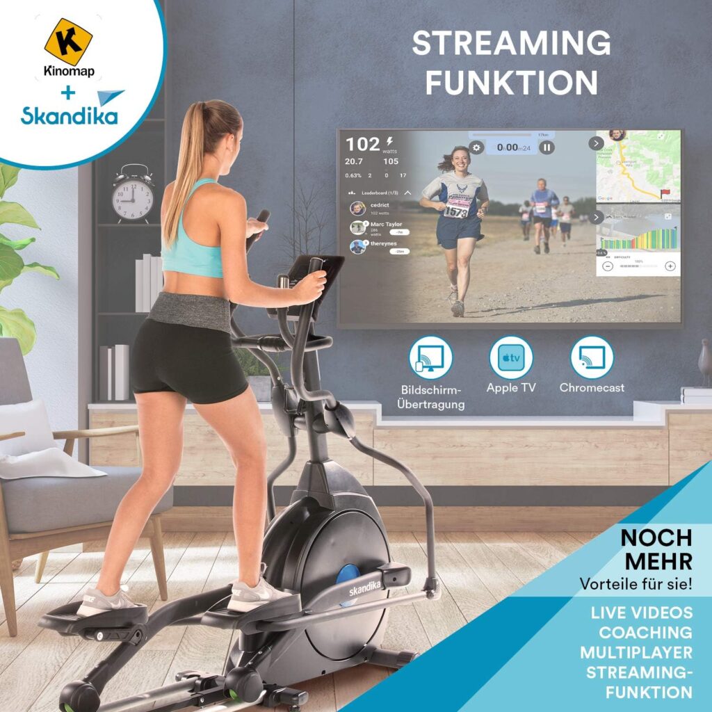skandika cross trainer CardioCross Carbon Champ, 23.5 kg flywheel mass, low-maintenance braking system with magnetic technology, transport wheels, Bluetooth  tablet holder, pulse measurement, 19 programs.
