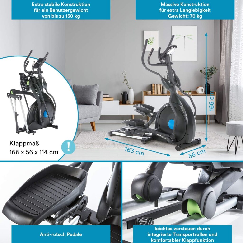 skandika cross trainer CardioCross Carbon Champ, 23.5 kg flywheel mass, low-maintenance braking system with magnetic technology, transport wheels, Bluetooth  tablet holder, pulse measurement, 19 programs.