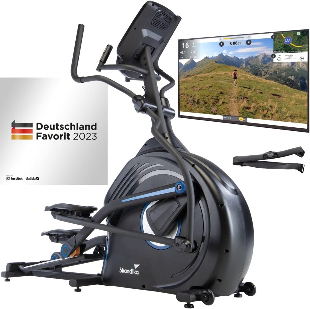 skandika Cross Trainer CardioCross Conqueror, Premium Elliptical Trainer, 25 kg Flywheel Mass, App Compatible with Kinomap, 33 Programmes, 32 Levels, 4 Profiles, Pulse Measurement, Height Adjustment, Max. 150 kg.
