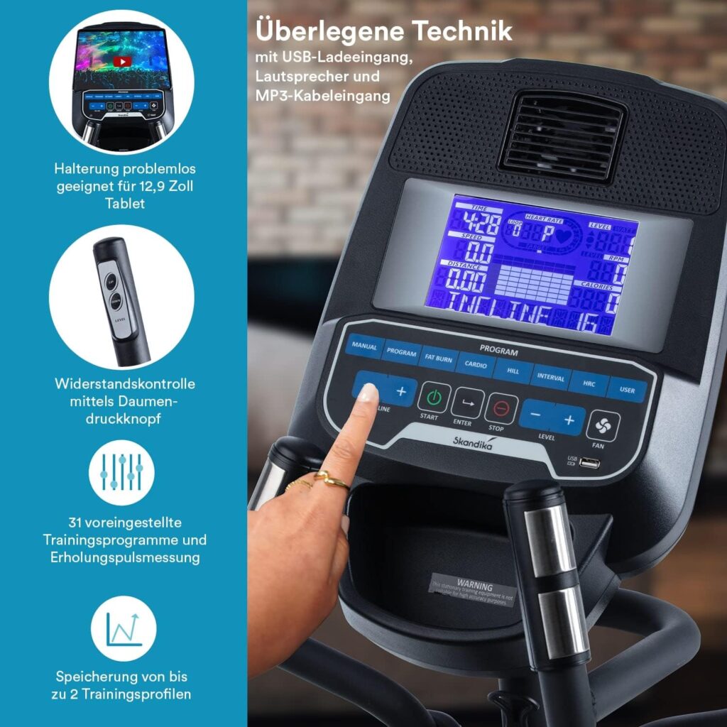 skandika Cross Trainer CardioCross Conqueror, Premium Elliptical Trainer, 25 kg Flywheel Mass, App Compatible with Kinomap, 33 Programmes, 32 Levels, 4 Profiles, Pulse Measurement, Height Adjustment, Max. 150 kg.