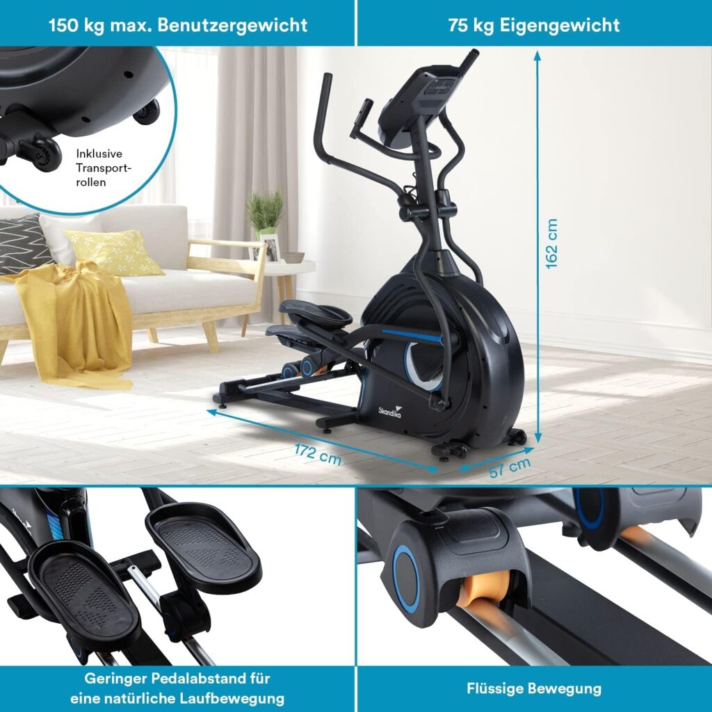 skandika Cross Trainer CardioCross Conqueror, Premium Elliptical Trainer, 25 kg Flywheel Mass, App Compatible with Kinomap, 33 Programmes, 32 Levels, 4 Profiles, Pulse Measurement, Height Adjustment, Max. 150 kg.