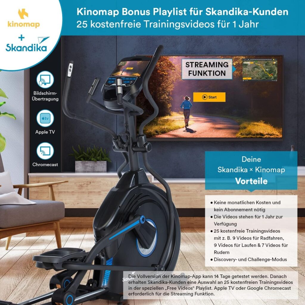 skandika Cross Trainer CardioCross Conqueror, Premium Elliptical Trainer, 25 kg Flywheel Mass, App Compatible with Kinomap, 33 Programmes, 32 Levels, 4 Profiles, Pulse Measurement, Height Adjustment, Max. 150 kg.