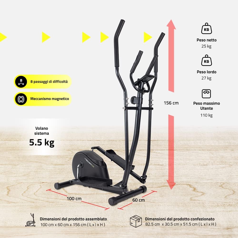 TechFit E250 Cross Trainer Exercise Bike with Computer Steering Wheel 5.5kg 8 Levels of Difficulty Cross Trainer Black