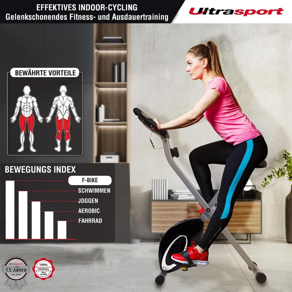 Ultrasport F-Bike, Folding Exercise Bike with Training Computer, Adjustable Resistance Levels and Hand Pulse Sensors, user weight from 110 kg (240 lbs)