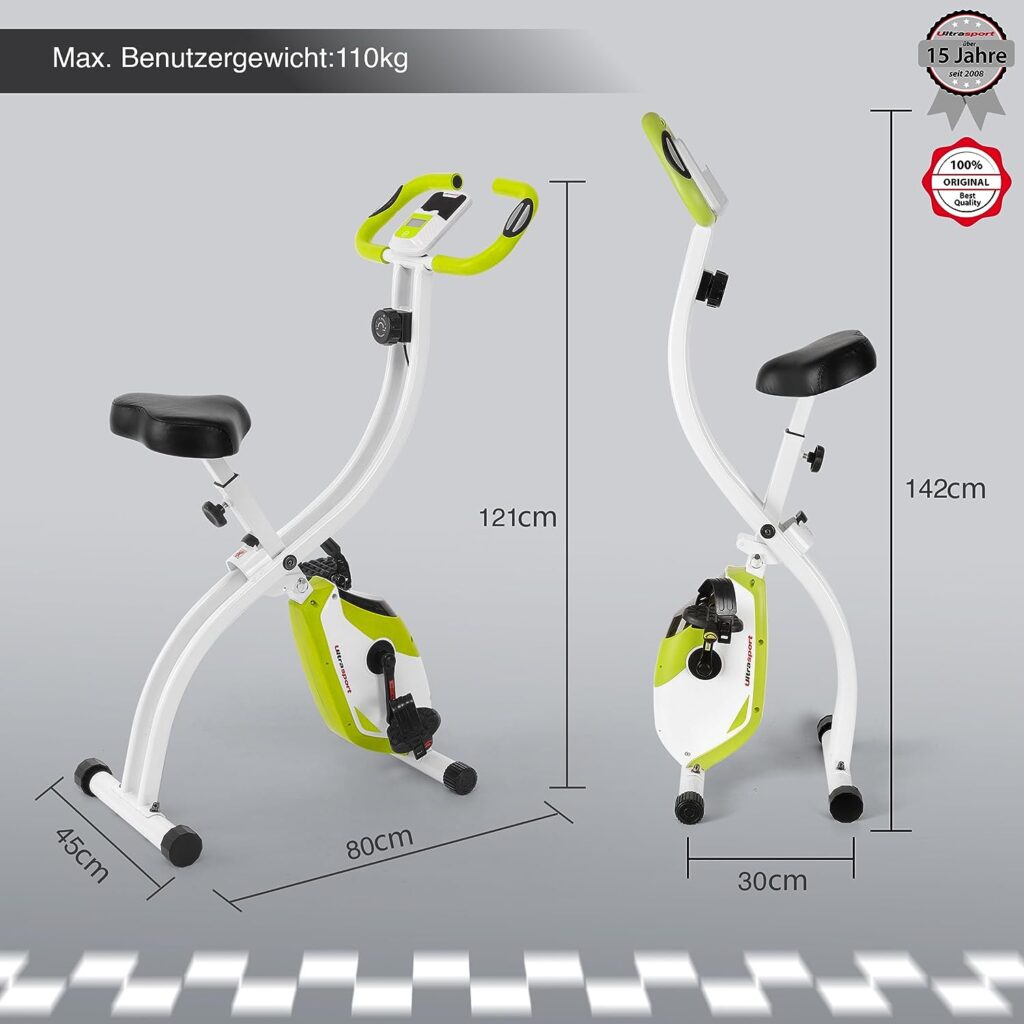 Ultrasport F-Bike, Folding Exercise Bike with Training Computer, Adjustable Resistance Levels and Hand Pulse Sensors, user weight from 110 kg (240 lbs)