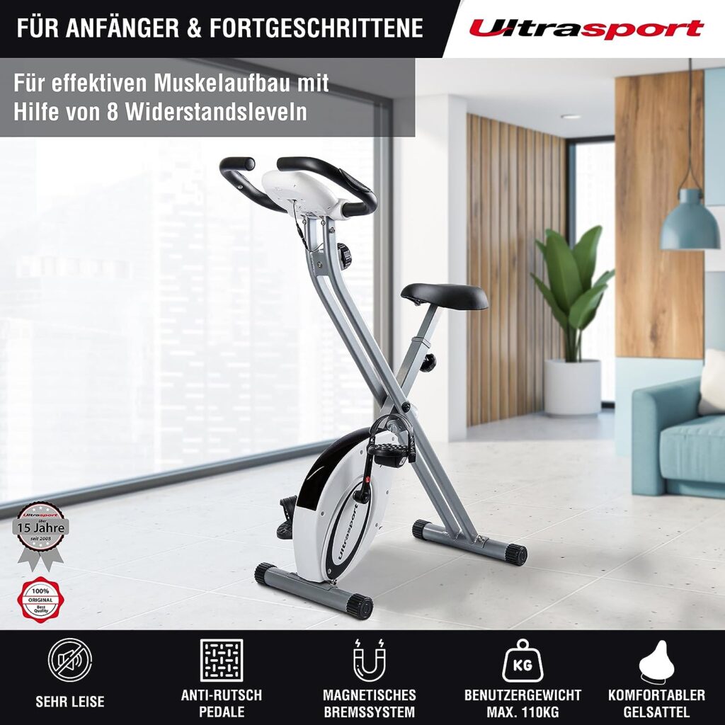 Ultrasport F-Bike, Folding Exercise Bike with Training Computer, Adjustable Resistance Levels and Hand Pulse Sensors, user weight from 110 kg (240 lbs)