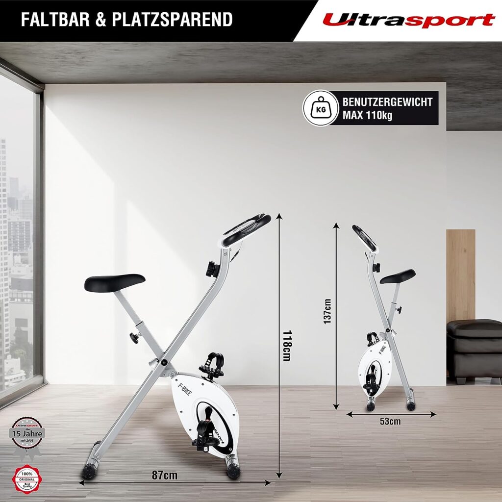 Ultrasport F-Bike, Folding Exercise Bike with Training Computer, Adjustable Resistance Levels and Hand Pulse Sensors, user weight from 110 kg (240 lbs)