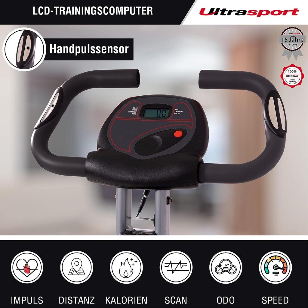 Ultrasport F-Bike, Folding Exercise Bike with Training Computer, Adjustable Resistance Levels and Hand Pulse Sensors, user weight from 110 kg (240 lbs)