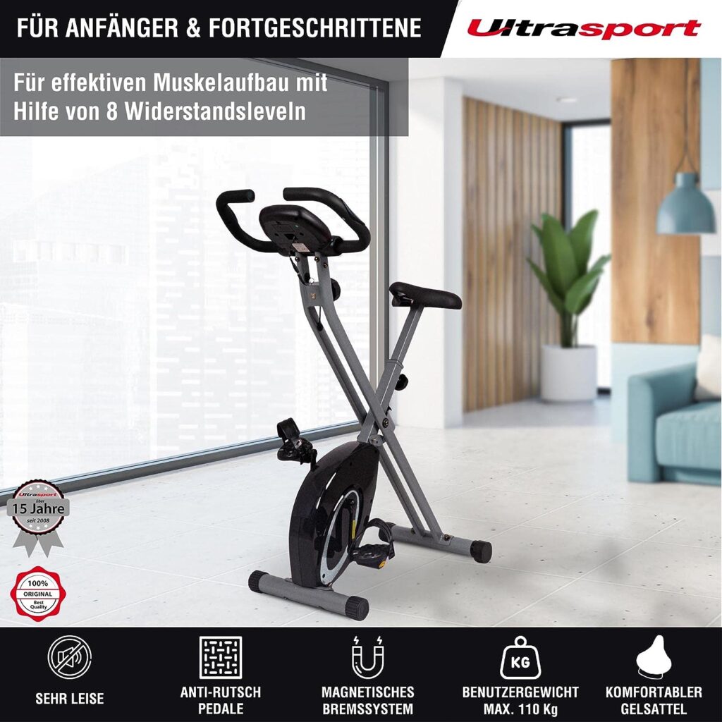 Ultrasport F-Bike, Folding Exercise Bike with Training Computer, Adjustable Resistance Levels and Hand Pulse Sensors, user weight from 110 kg (240 lbs)