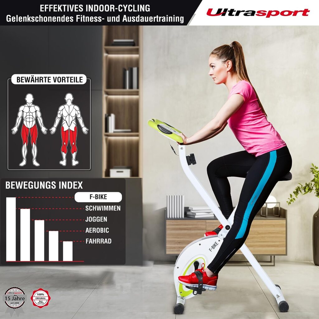 Ultrasport F-Bike, Folding Exercise Bike with Training Computer, Adjustable Resistance Levels and Hand Pulse Sensors, user weight from 110 kg (240 lbs)