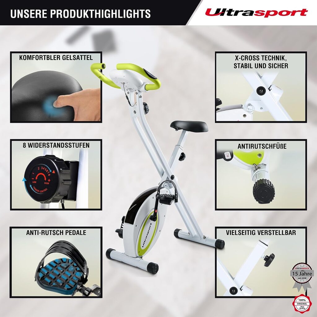 Ultrasport F-Bike, Folding Exercise Bike with Training Computer, Adjustable Resistance Levels and Hand Pulse Sensors, user weight from 110 kg (240 lbs)