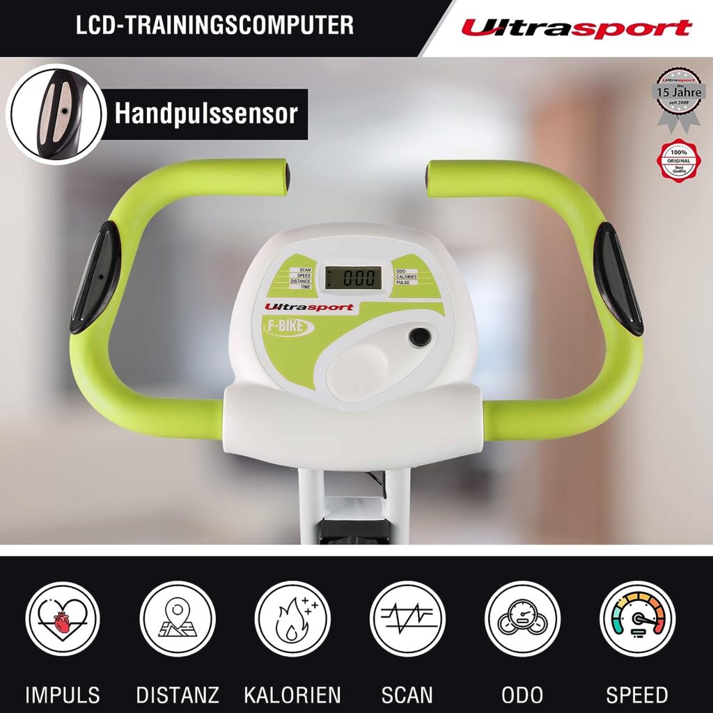 Ultrasport F-Bike, Folding Exercise Bike with Training Computer, Adjustable Resistance Levels and Hand Pulse Sensors, user weight from 110 kg (240 lbs)