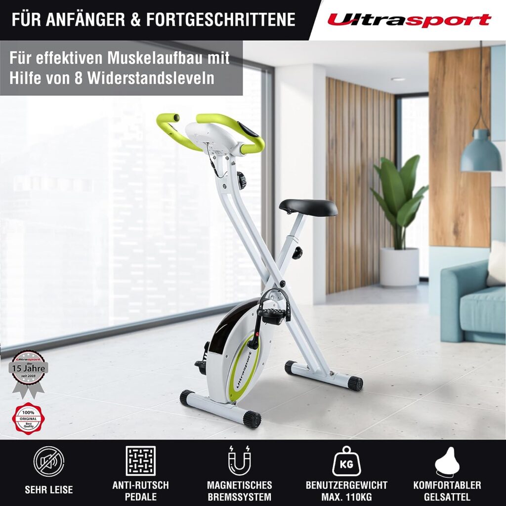 Ultrasport F-Bike, Folding Exercise Bike with Training Computer, Adjustable Resistance Levels and Hand Pulse Sensors, user weight from 110 kg (240 lbs)